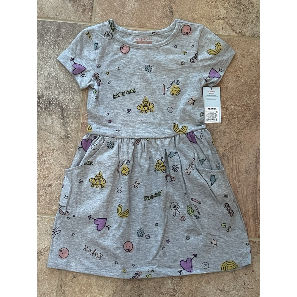 New Cat & Jack Girls Gray Doodle Short Sleeve Dress Size XS (4/5) New with Tags